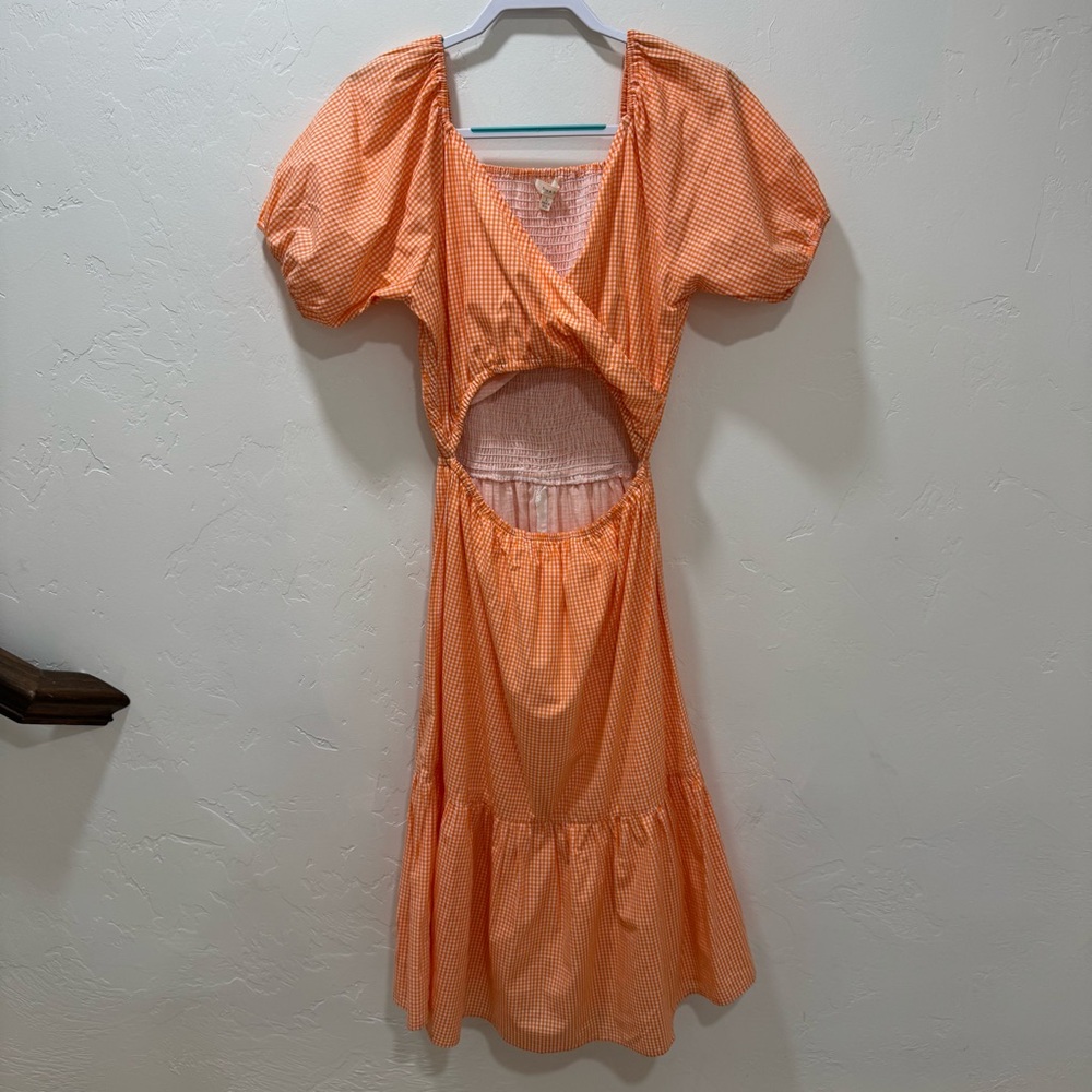 Sim and Sam Cutout Orange Gingham Dress Women's Large Stretch Midi - Picture 2 of 15
